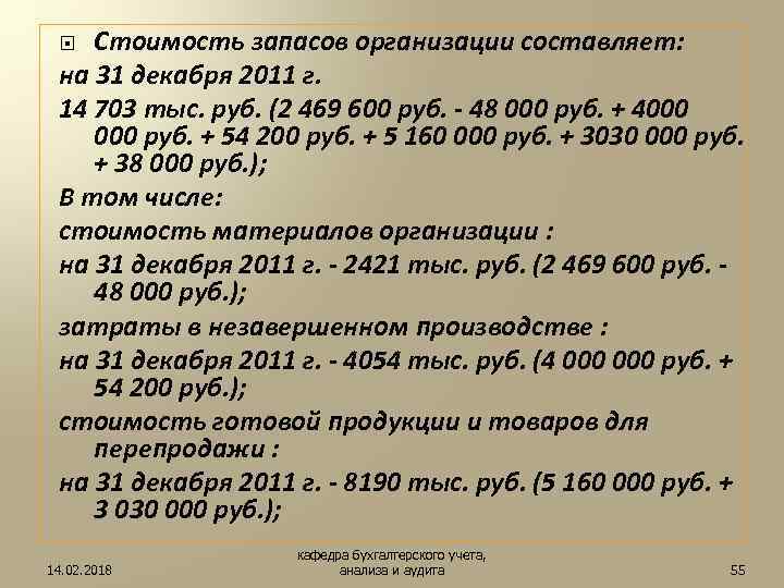 Стоимость запасов организации составляет: на 31 декабря 2011 г. 14 703 тыс. руб. (2