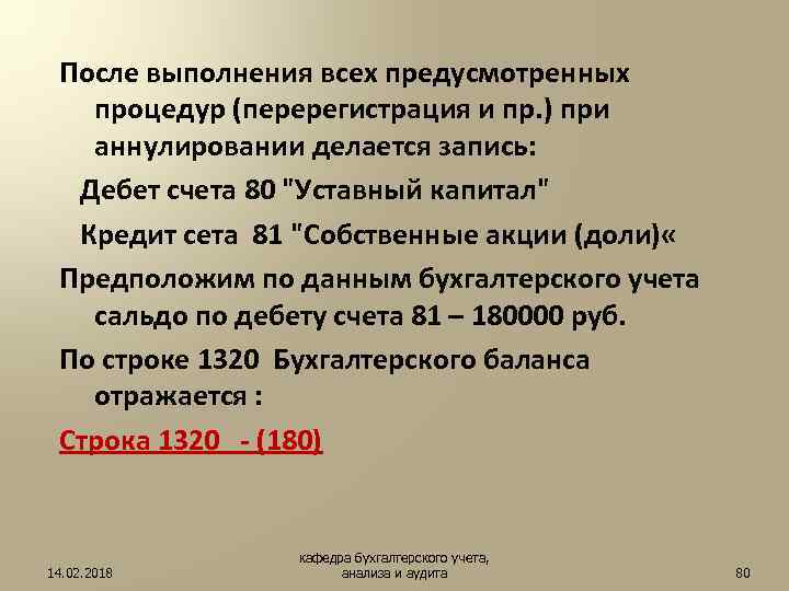 После выполнения всех предусмотренных процедур (перерегистрация и пр. ) при аннулировании делается запись: Дебет