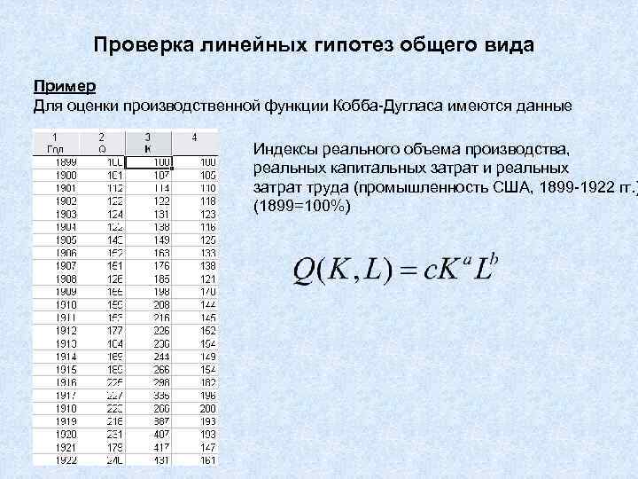 Проверка линейных гипотез общего вида Пример Для оценки производственной функции Кобба-Дугласа имеются данные Индексы