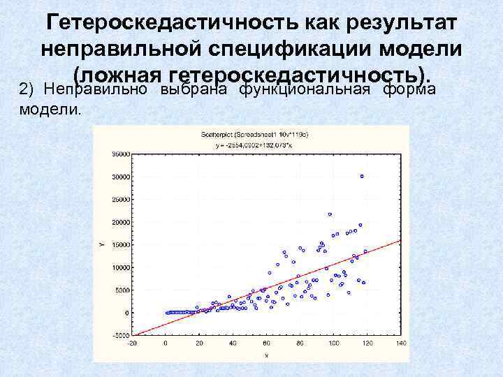 Гетероскедастичность как результат неправильной спецификации модели (ложная гетероскедастичность). 2) Неправильно выбрана функциональная форма модели.