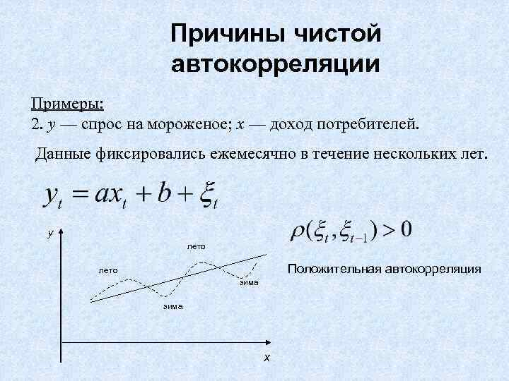 Причины чистой автокорреляции Примеры: 2. y — спрос на мороженое; x — доход потребителей.