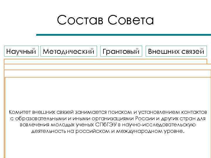 Состав Совета Научный Методический Грантовый Внешних связей Научный комитет организует круглые столы, обмена опытом