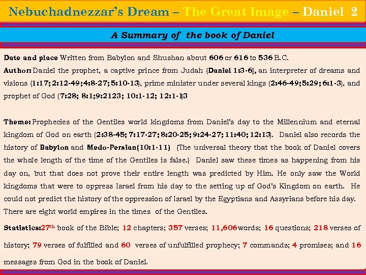 Nebuchadnezzar’s Dream – The Great Image – Daniel 2 A Summary of the book