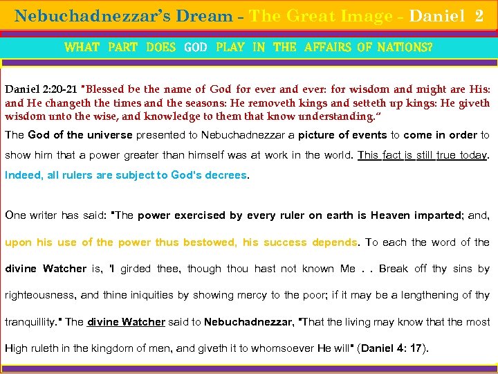 Nebuchadnezzar’s Dream - The Great Image - Daniel 2 WHAT PART DOES GOD PLAY