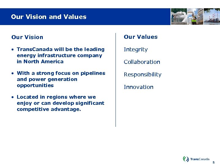 Our Vision and Values Our Vision Our Values • Trans. Canada will be the