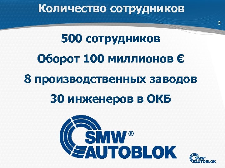 Количество сотрудников 9 500 сотрудников Оборот 100 миллионов € 8 производственных заводов 30 инженеров