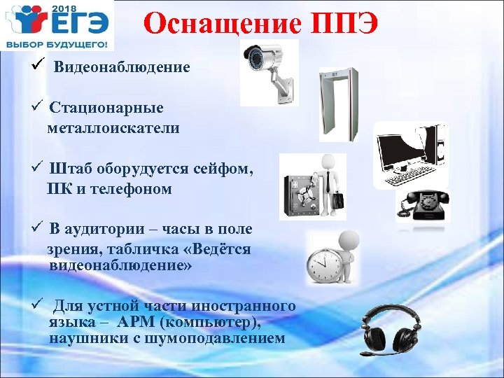 Оснащение ППЭ ü Видеонаблюдение ü Стационарные металлоискатели ü Штаб оборудуется сейфом, ПК и телефоном