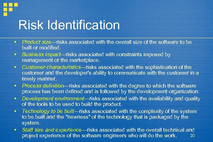 Risk Identification § § § § Product size—risks associated with the overall size of