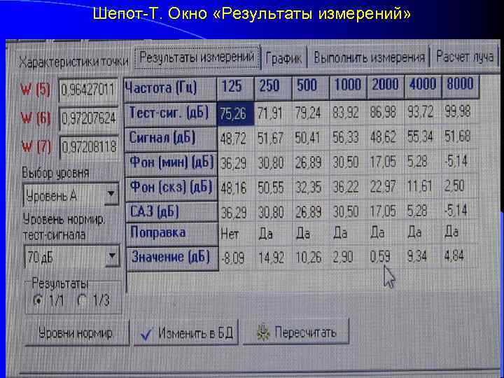 Шепот-Т. Окно «Результаты измерений» 