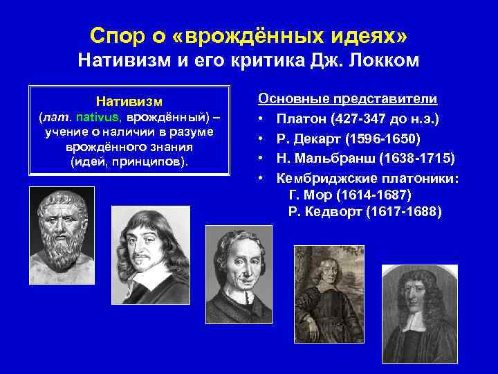 Спор о «врождённых идеях» Нативизм и его критика Дж. Локком Нативизм (лат. nativus, врождённый)