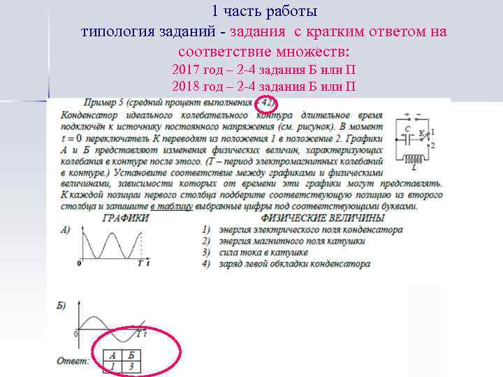 1 часть работы типология заданий - задания с кратким ответом на соответствие множеств: 2017