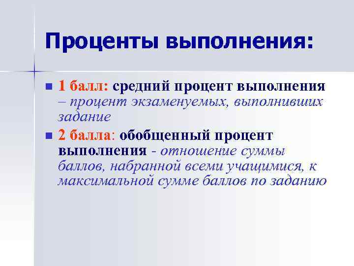 Проценты выполнения: n n 1 балл: средний процент выполнения – процент экзаменуемых, выполнивших задание