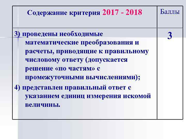 Содержание критерия 2017 - 2018 3) проведены необходимые математические преобразования и расчеты, приводящие к