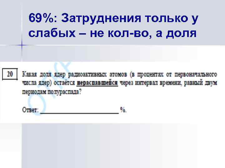 69%: Затруднения только у слабых – не кол-во, а доля 