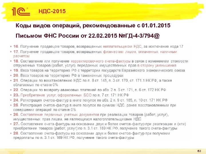 НДС-2015 Коды видов операций, рекомендованные с 01. 2015 Письмом ФНС России от 22. 02.