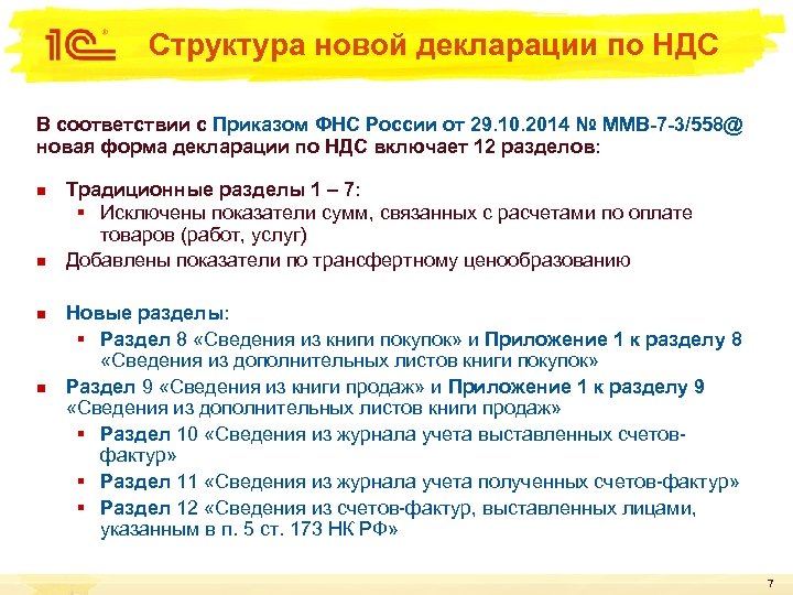 Структура новой декларации по НДС В соответствии с Приказом ФНС России от 29. 10.