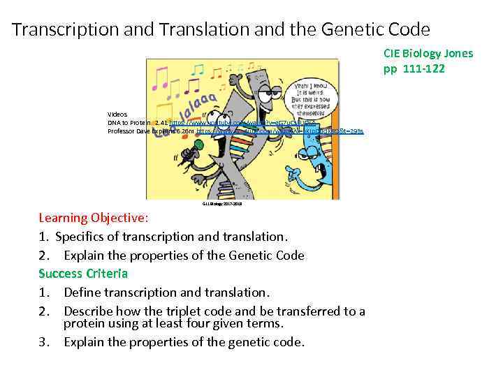 Transcription and Translation and the Genetic Code CIE Biology Jones pp 111 -122 Videos