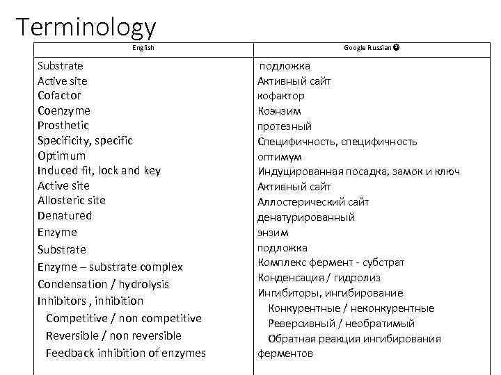 Terminology English Substrate Active site Cofactor Coenzyme Prosthetic Specificity, specific Optimum Induced fit, lock