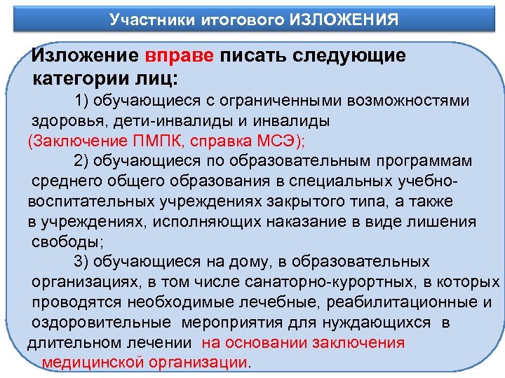 Участники итогового ИЗЛОЖЕНИЯ Информационное обеспечение Изложение вправе писать следующие категории лиц: 1) обучающиеся с