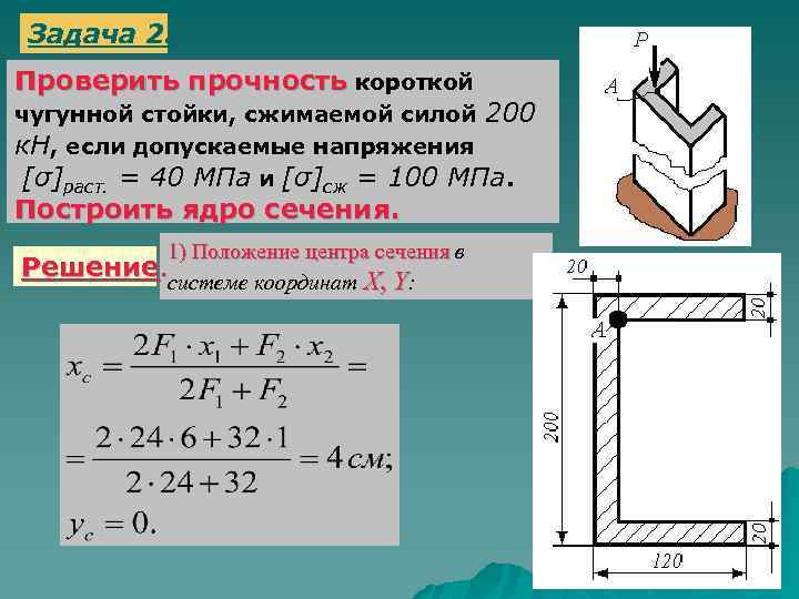 Задачи на прочность. Внецентренное растяжение и сжатие бруса. Прочность стойки на сжатие. Внецентренное сжатие ядро сечения. Ядро сечения швеллера.