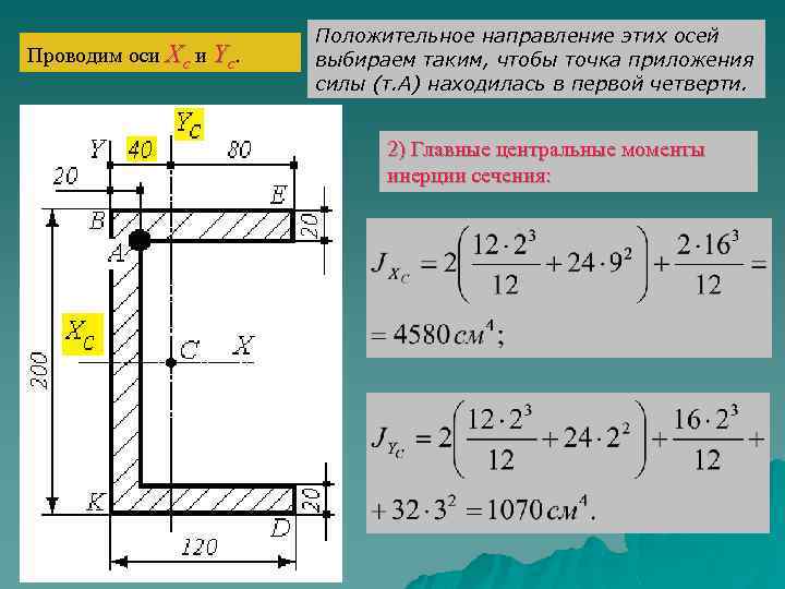 Проводим оси Хс и Yс. Положительное направление этих осей выбираем таким, чтобы точка приложения