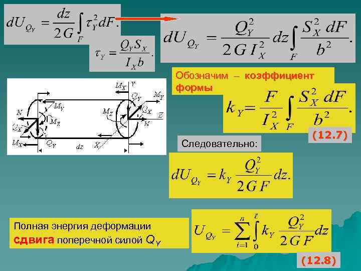 Обозначим – коэффициент формы Следовательно: (12. 7) Полная энергия деформации сдвига поперечной силой QY