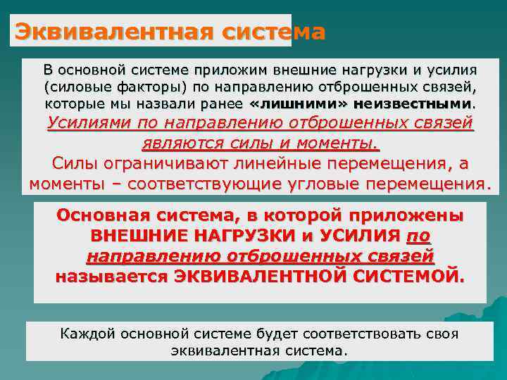 Эквивалентная система В основной системе приложим внешние нагрузки и усилия (силовые факторы) по направлению