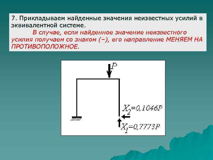 7. Прикладываем найденные значения неизвестных усилий в эквивалентной системе. В случае, если найденное значение