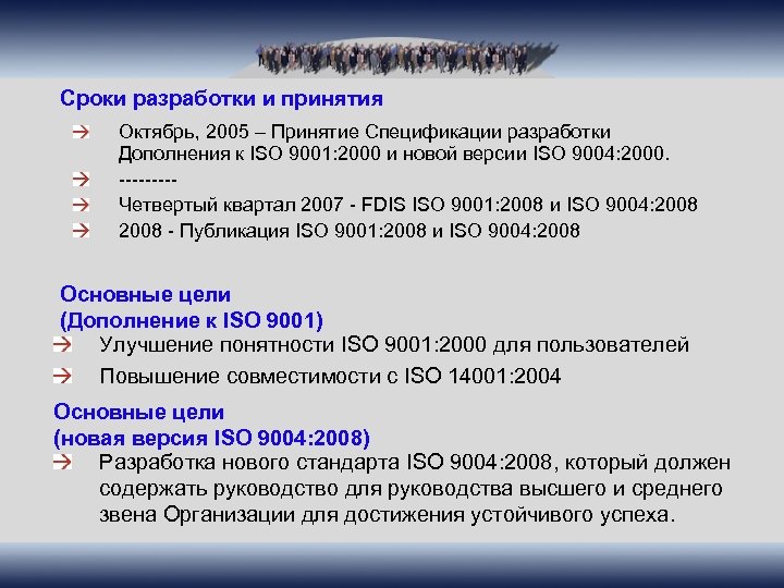 Сроки разработки и принятия Октябрь, 2005 – Принятие Спецификации разработки Дополнения к ISO 9001: