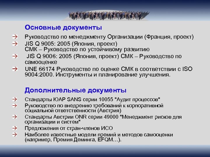 Основные документы Руководство по менеджменту Организации (Франция, проект) JIS Q 9005: 2005 (Япония, проект)