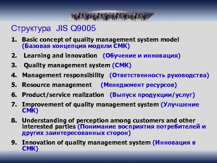 Структура JIS Q 9005 1. Basic concept of quality management system model (Базовая концепция