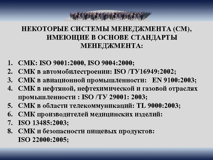НЕКОТОРЫЕ СИСТЕМЫ МЕНЕДЖМЕНТА (СМ), ИМЕЮЩИЕ В ОСНОВЕ СТАНДАРТЫ МЕНЕДЖМЕНТА: 1. 2. 3. 4. СМК: