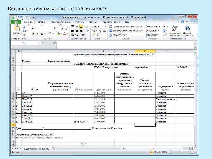 Вид коллективной заявки как таблицы Excel: 