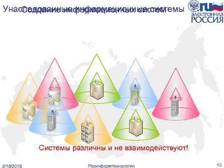 Унаследованные информационные системы Создание информационных систем Системы различны и не взаимодействуют! 2/18/2018 Росинформтехнологии 10