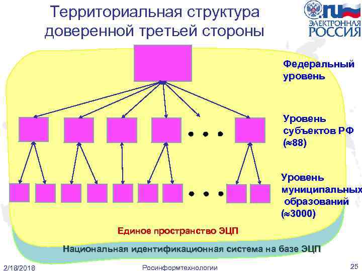 Территориальная структура доверенной третьей стороны Федеральный уровень Уровень субъектов РФ ( 88) Уровень муниципальных