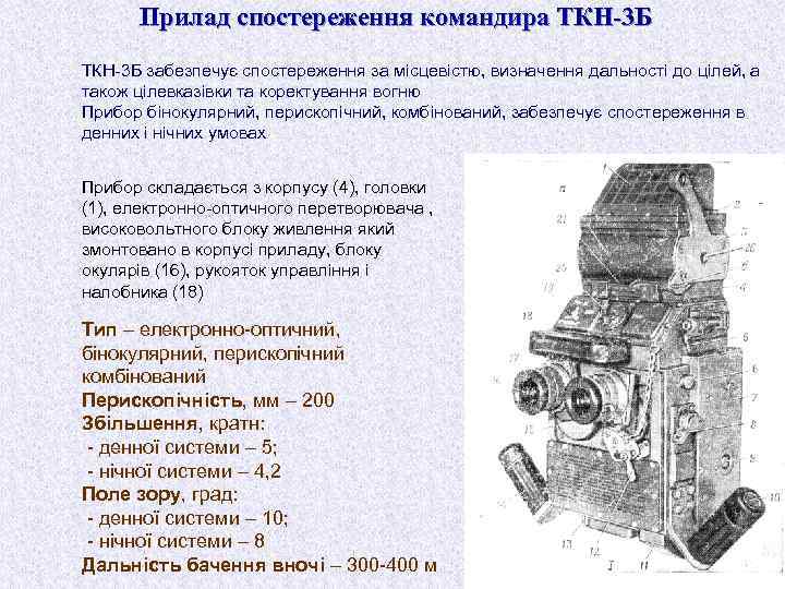 Прилад спостереження командира ТКН-3 Б забезпечує спостереження за місцевістю, визначення дальності до цілей, а