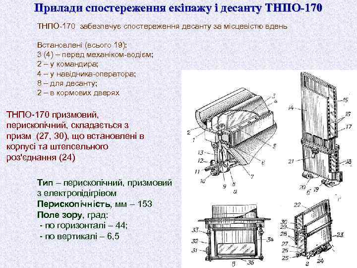 Прилади спостереження екіпажу і десанту ТНПО-170 забезпечує спостереження десанту за місцевістю вдень Встановлені (всього