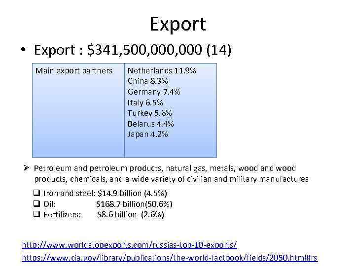 Export • Export : $341, 500, 000 (14) Main export partners Netherlands 11. 9%