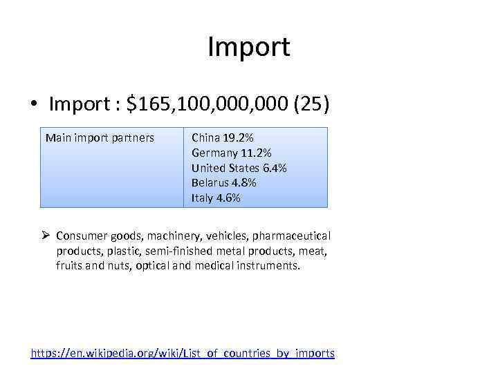 Import • Import : $165, 100, 000 (25) Main import partners China 19. 2%