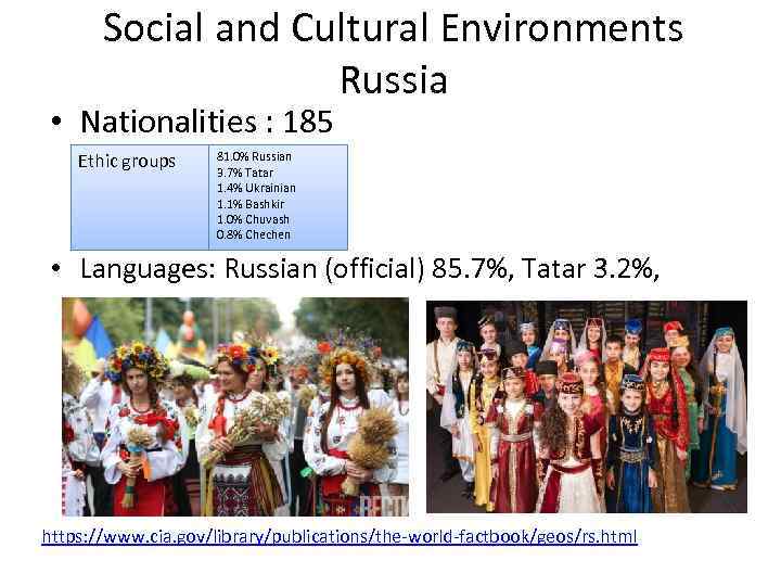 Social and Cultural Environments Russia • Nationalities : 185 Ethic groups 81. 0% Russian