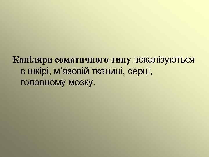 Капіляри соматичного типу локалізуються в шкірі, м’язовій тканині, серці, головному мозку. 