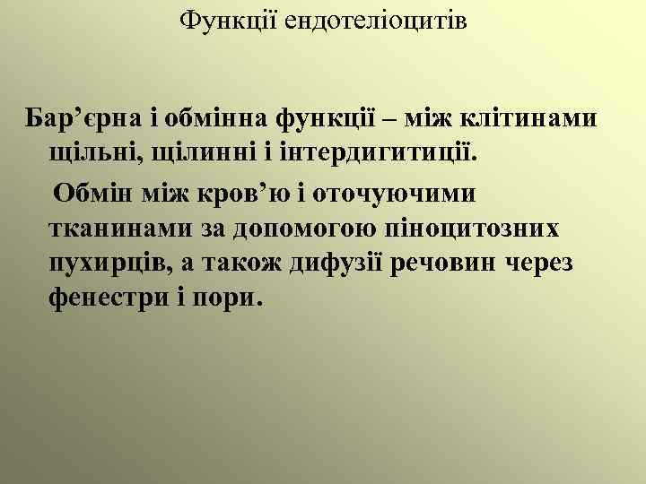 Функції ендотеліоцитів Бар’єрна і обмінна функції – між клітинами щільні, щілинні і інтердигитиції. Обмін