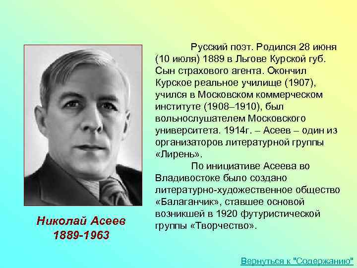 Николай Асеев 1889 -1963 Русский поэт. Родился 28 июня (10 июля) 1889 в Льгове
