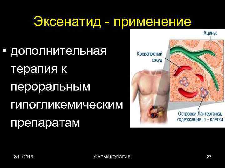 Эксенатид - применение • дополнительная терапия к пероральным гипогликемическим препаратам 2/11/2018 ФАРМАКОЛОГИЯ 27 