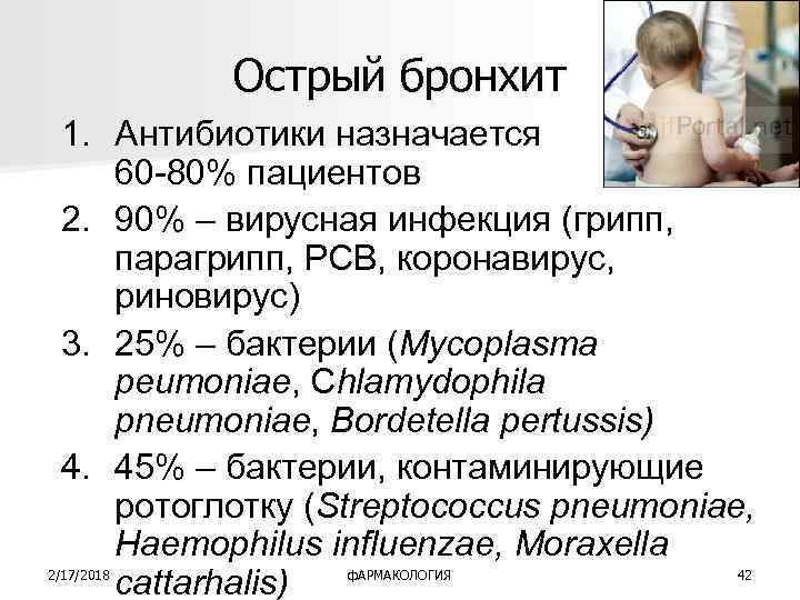 Острый бронхит 1. Антибиотики назначается 60 -80% пациентов 2. 90% – вирусная инфекция (грипп,