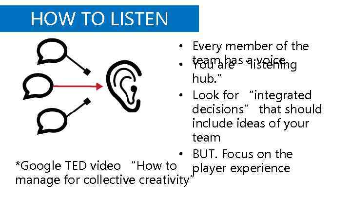 HOW TO LISTEN • Every member of the • team has a voice You