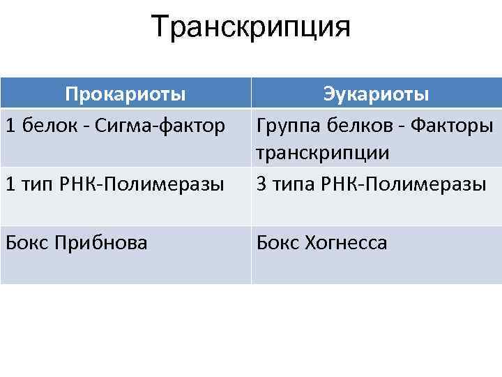 Транскрипция Прокариоты 1 белок - Сигма-фактор 1 тип РНК-Полимеразы Эукариоты Группа белков - Факторы
