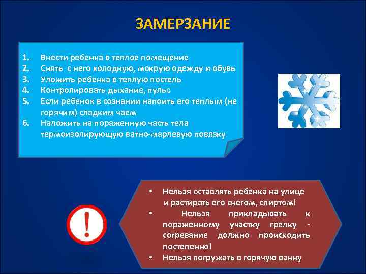 ЗАМЕРЗАНИЕ 1. 2. 3. 4. 5. 6. Внести ребенка в теплое помещение Снять с