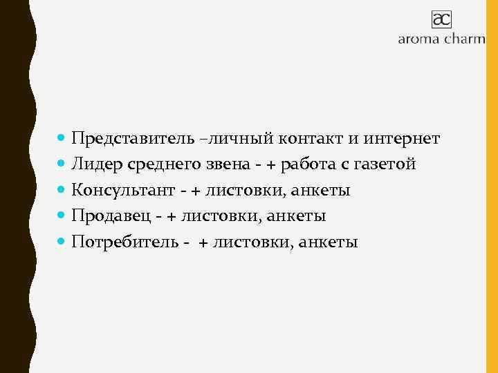  Представитель –личный контакт и интернет Лидер среднего звена - + работа с газетой