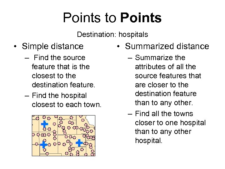 Points to Points Destination: hospitals • Simple distance – Find the source feature that